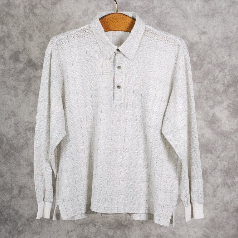 Vintage Knit Long Sleeve Polo Shirt | Durante | White with Multicolor Detailing